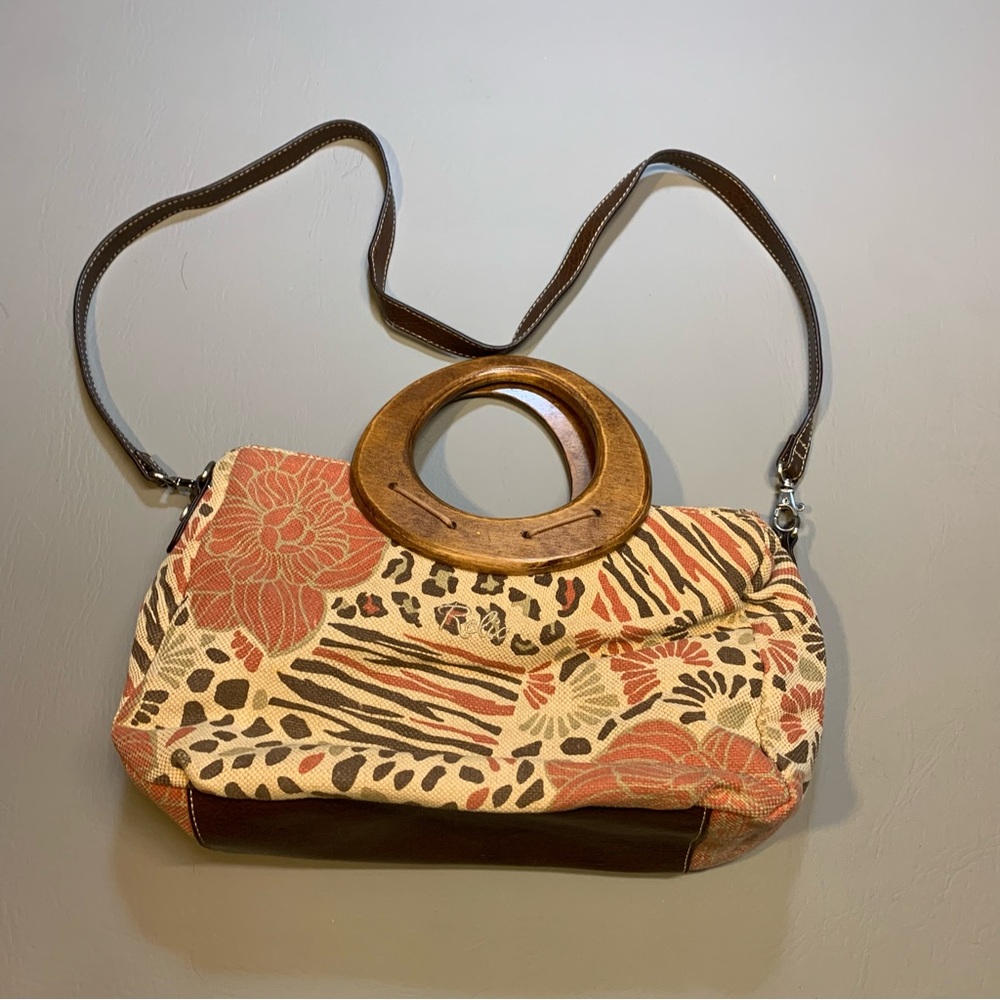 Relic Hobo Bag Womens Beige Canvas Embroidered Floral Wooden Handle Purse Boho